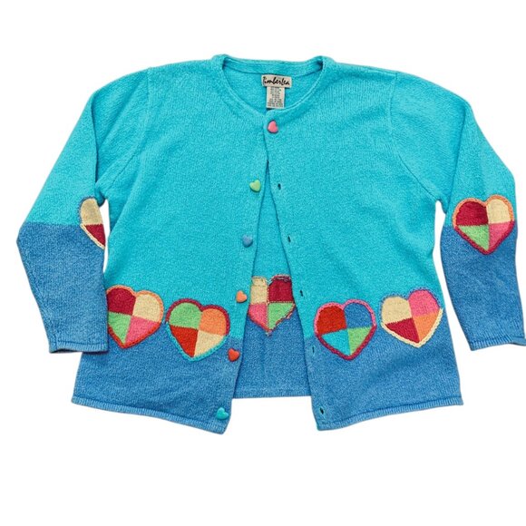 VTG Timberlea Women's XL Teal Cardigan Knitted Hearts Button Hearts Cottagecore - Picture 5 of 10